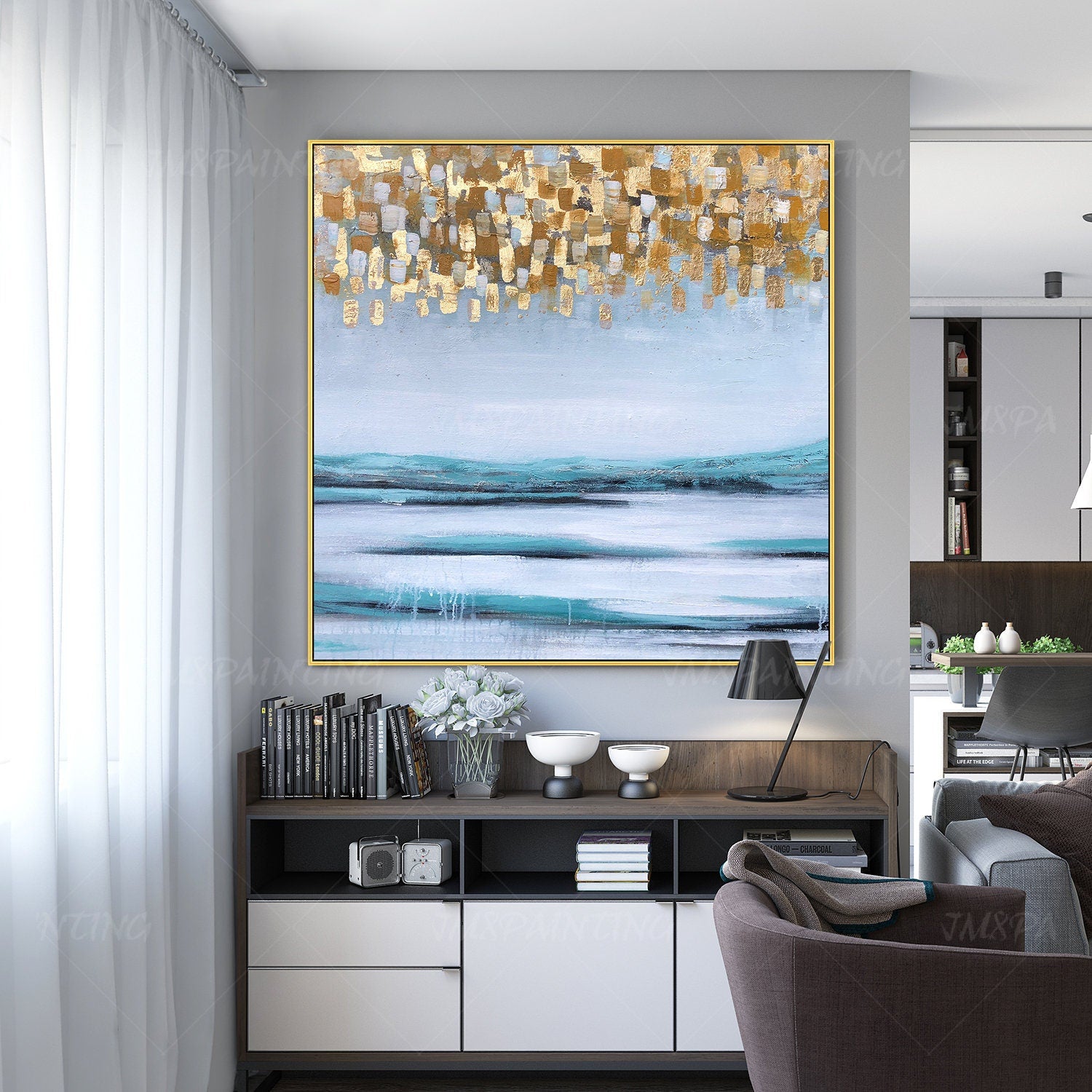 Framed wall art gold painting Original Abstract Acrylic Painting On Canvas Large #3