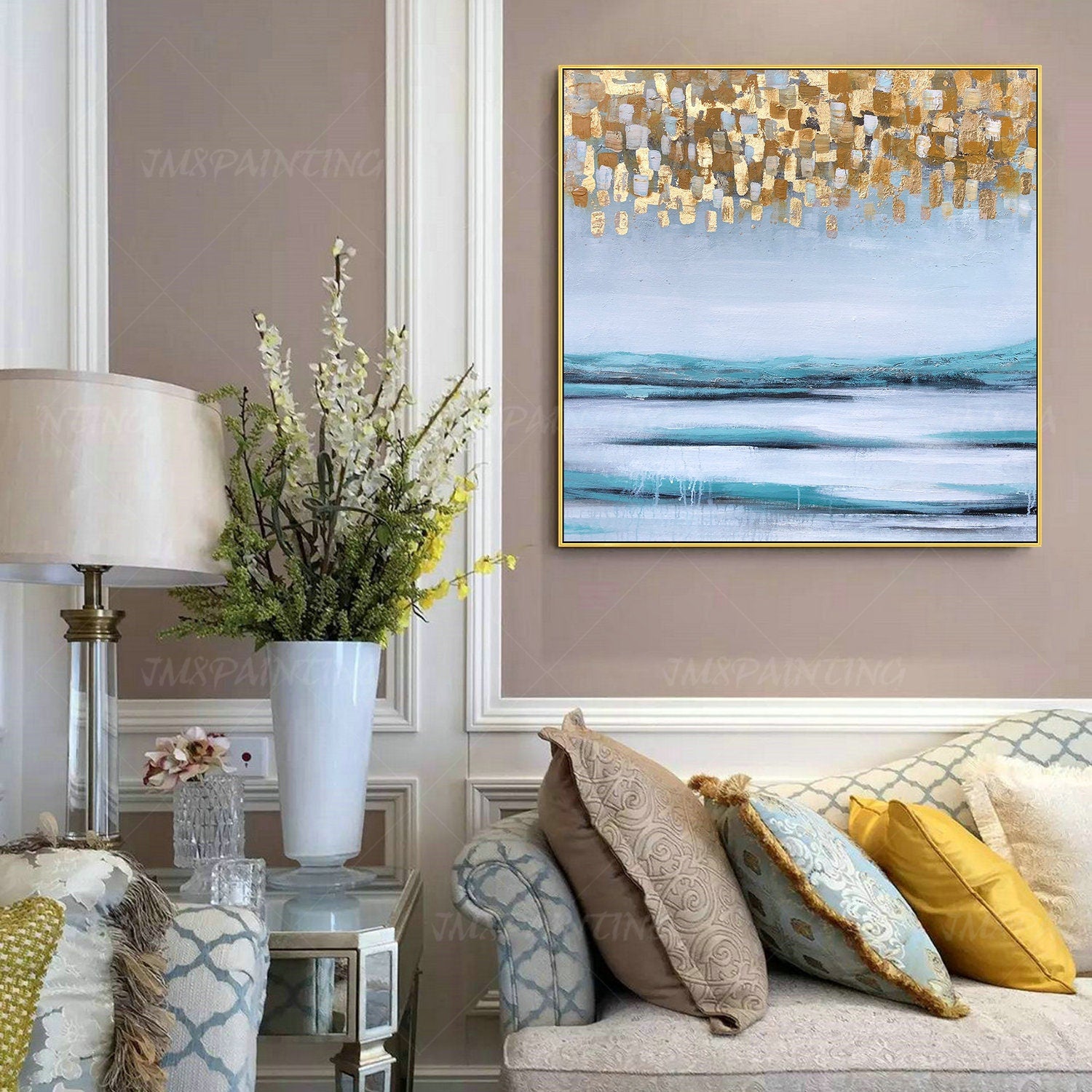 Framed wall art gold painting Original Abstract Acrylic Painting On Canvas Large #7