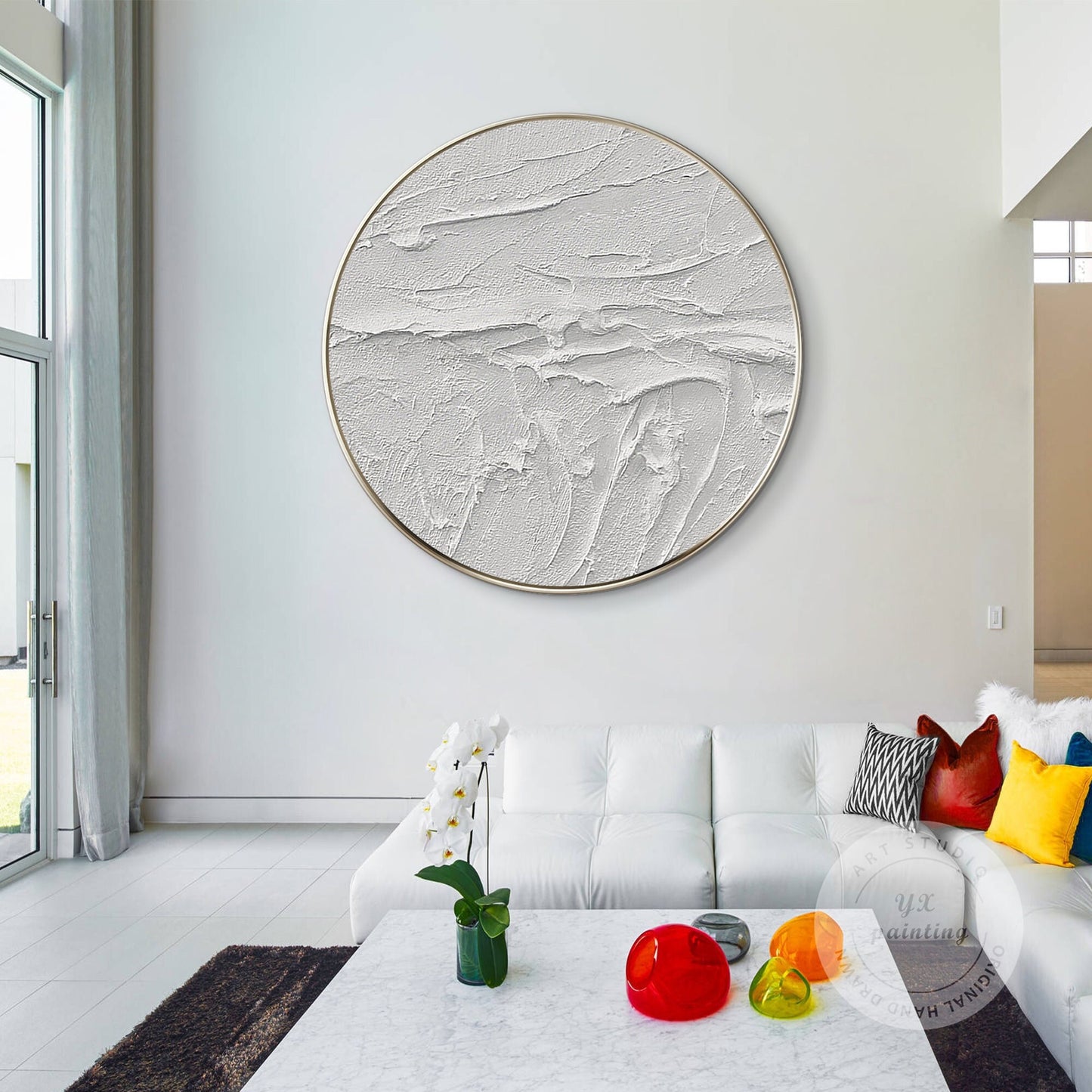 Framed White 3D Texture Round Wall Art: Minimalist Canvas Painting #2