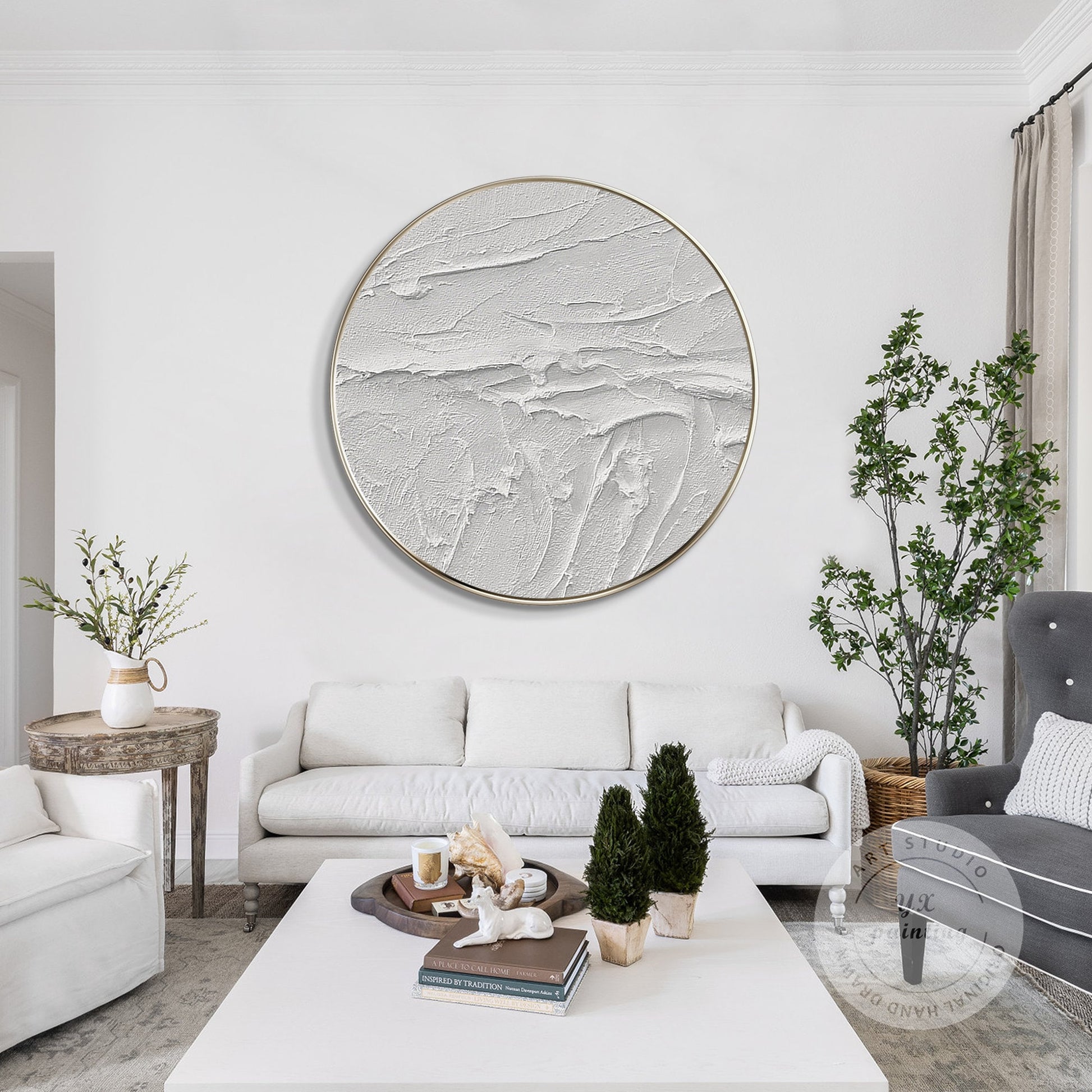 Framed White 3D Texture Round Wall Art: Minimalist Canvas Painting #3