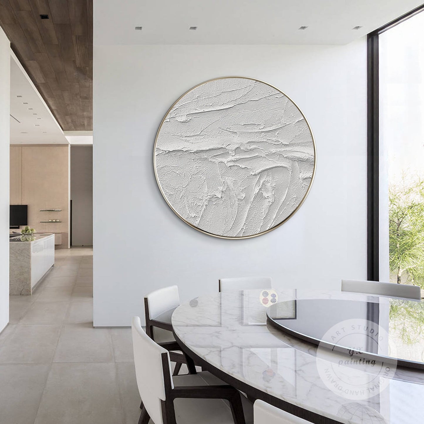 Framed White 3D Texture Round Wall Art: Minimalist Canvas Painting #4