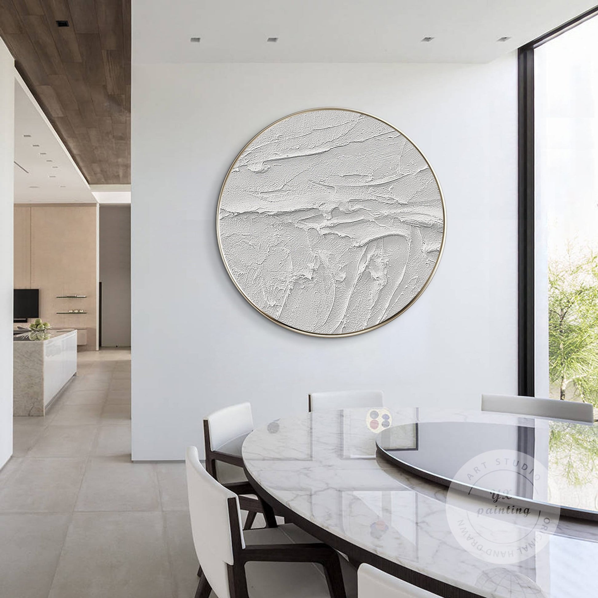 Framed White 3D Texture Round Wall Art: Minimalist Canvas Painting #4
