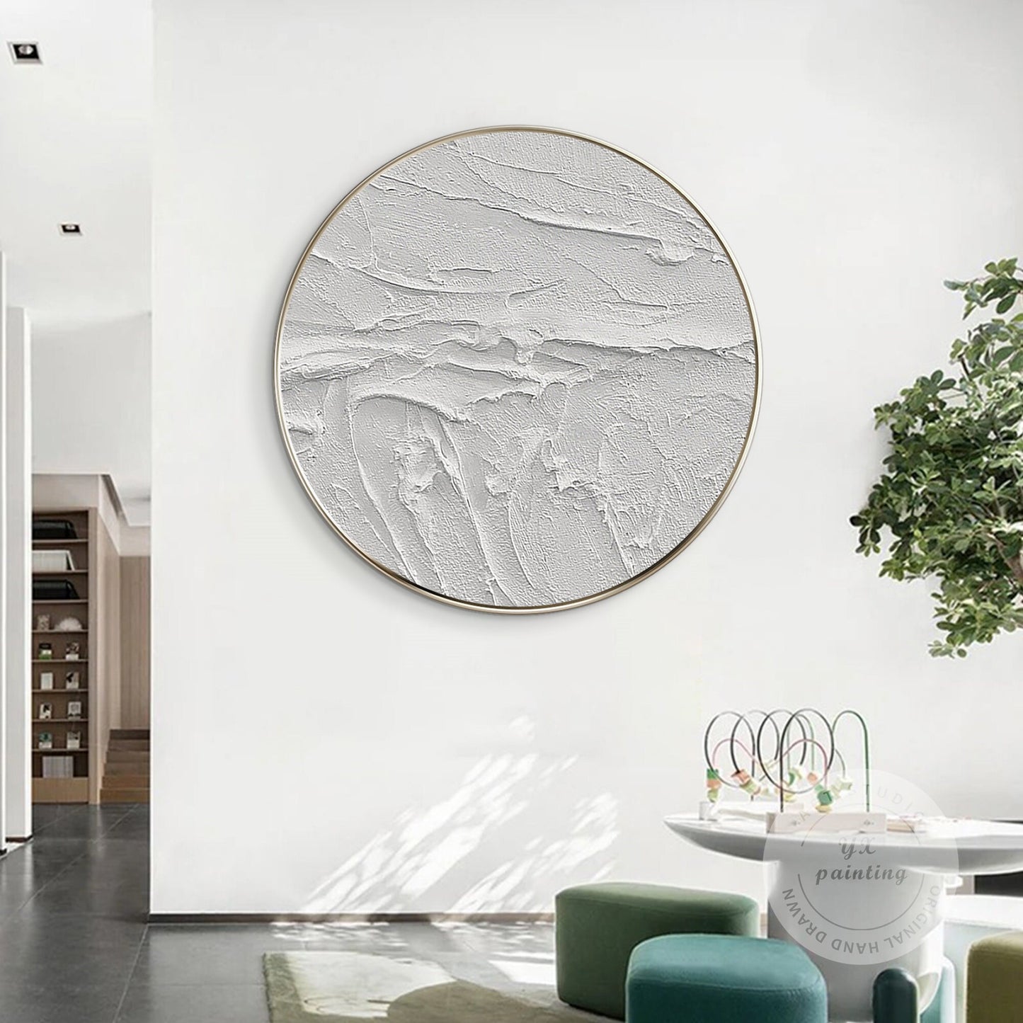 Framed White 3D Texture Round Wall Art: Minimalist Canvas Painting #5