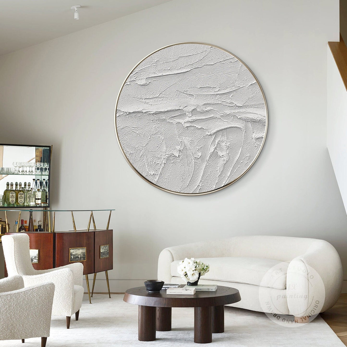 Framed White 3D Texture Round Wall Art: Minimalist Canvas Painting #1