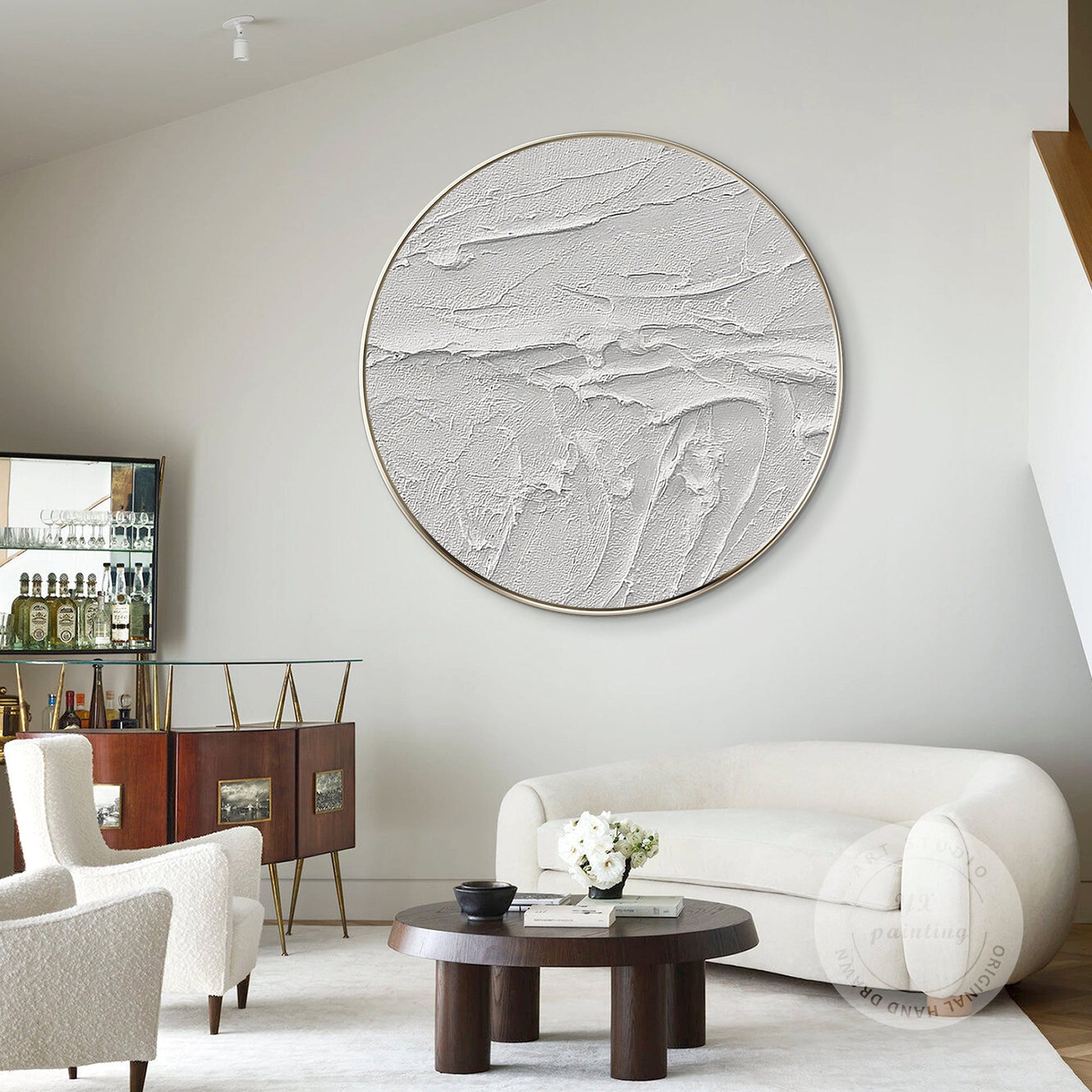 Framed White 3D Texture Round Wall Art: Minimalist Canvas Painting #1