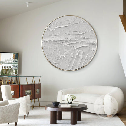 Framed White 3D Texture Round Wall Art: Minimalist Canvas Painting #1