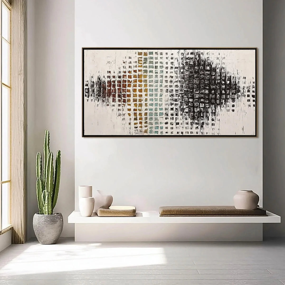 FREQUENCY: Large Textured Wabi Sabi Abstract Painting | gold frame stretched on neutral wall