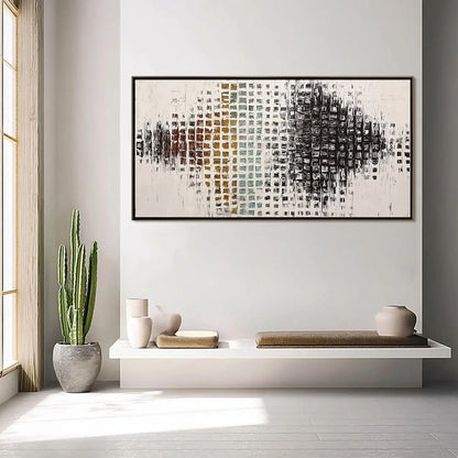 FREQUENCY: Large Textured Wabi Sabi Abstract Painting | gold frame stretched on neutral wall