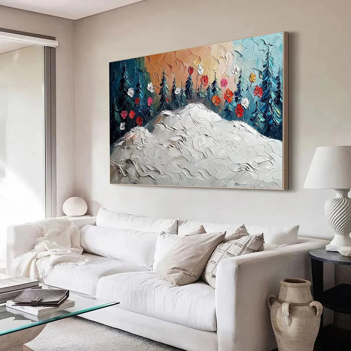FROZEN BLOOM: Textured Impasto Landscape with Floral Accents | Landscape closeup, raised brushwork detail