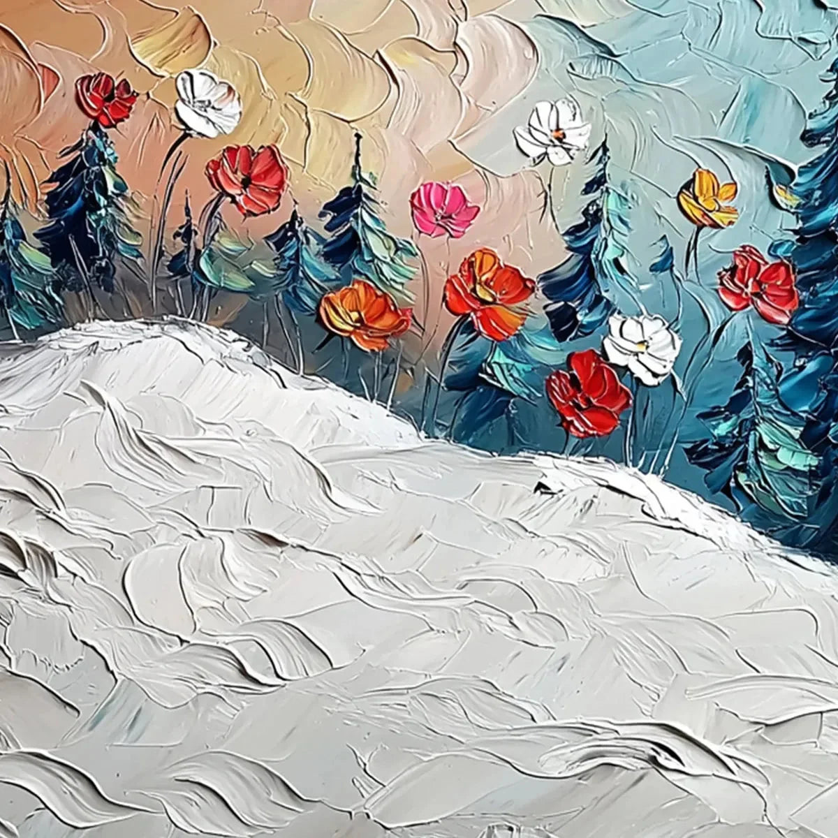 FROZEN BLOOM: Textured Impasto Landscape with Floral Accents | rectangular format, hand-painted canvas edge