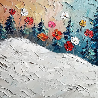 FROZEN BLOOM: Textured Impasto Landscape with Floral Accents | rectangular format, hand-painted canvas edge