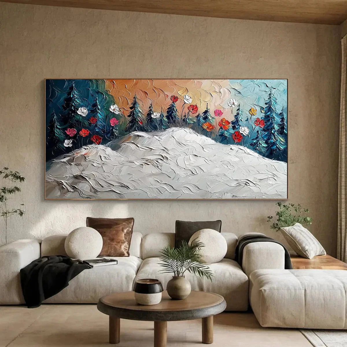 FROZEN BLOOM: Textured Impasto Landscape with Floral Accents | gold frame stretched on neutral wall