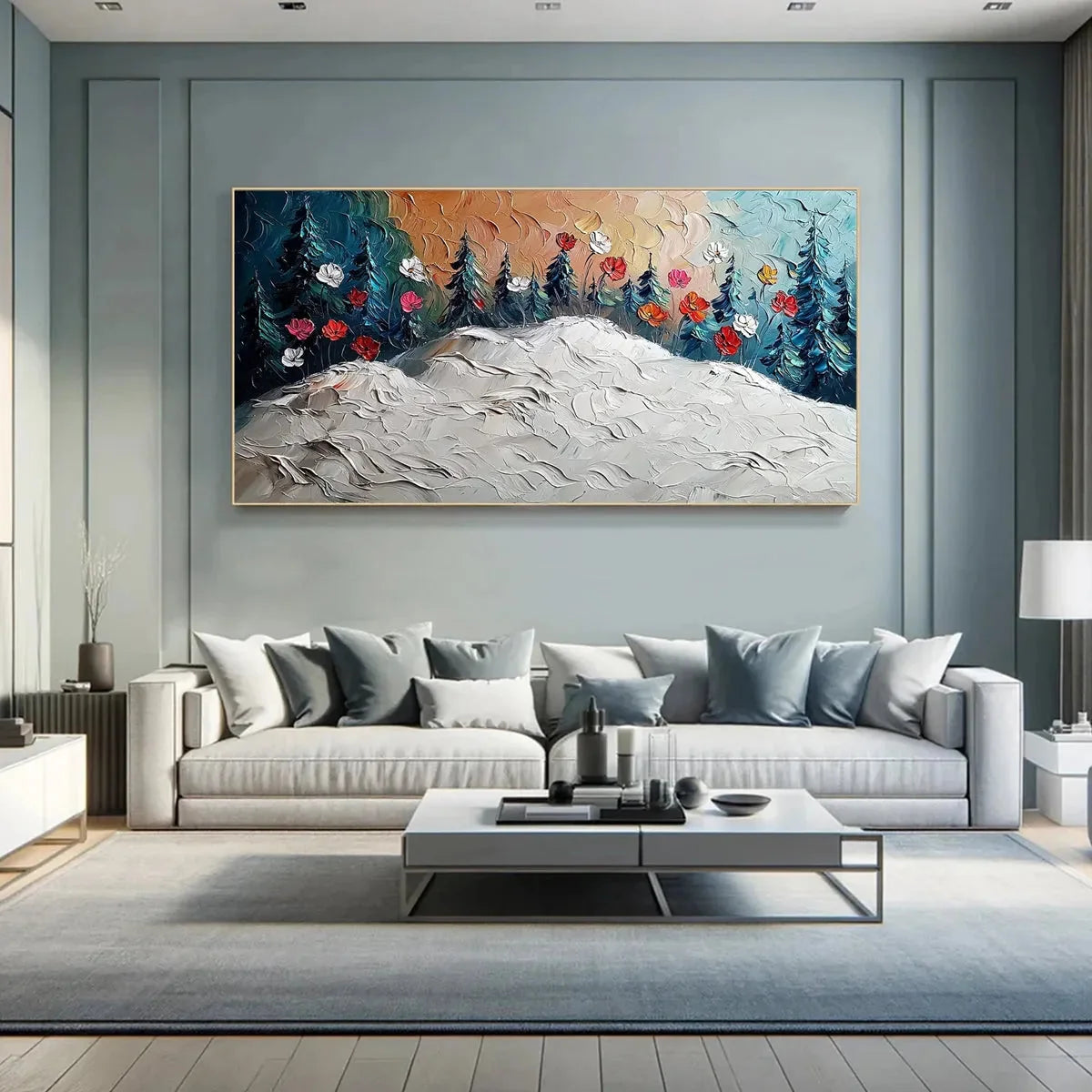 FROZEN BLOOM: Textured Impasto Landscape with Floral Accents | rolled canvas, ready for custom framing