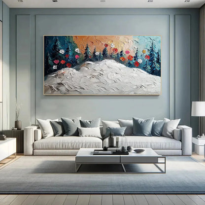 FROZEN BLOOM: Textured Impasto Landscape with Floral Accents | rolled canvas, ready for custom framing