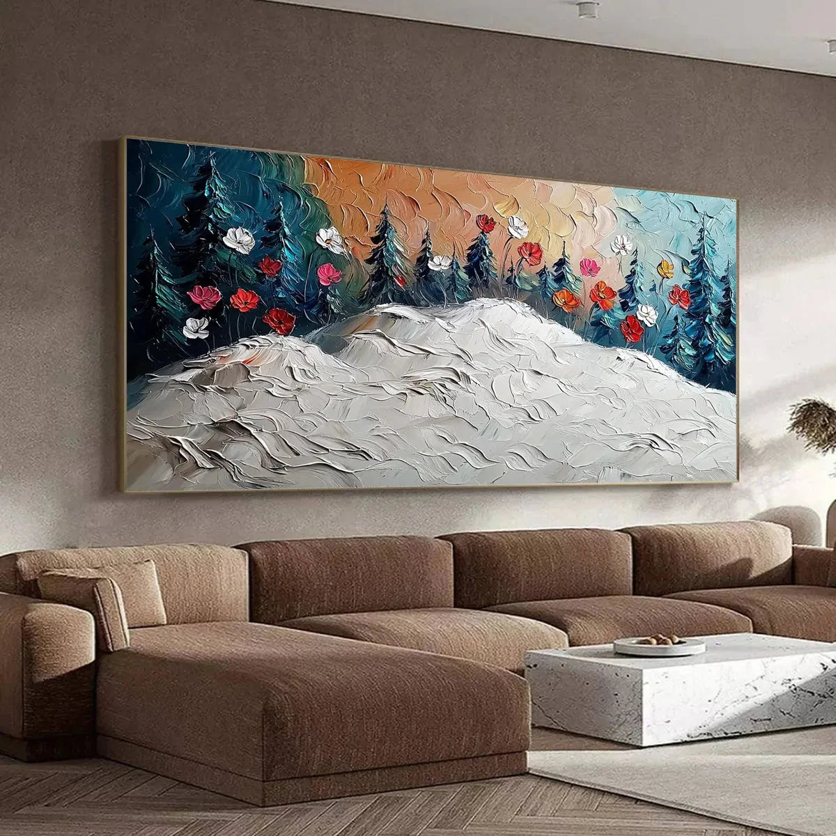 FROZEN BLOOM: Textured Impasto Landscape with Floral Accents | black frame version on white wall