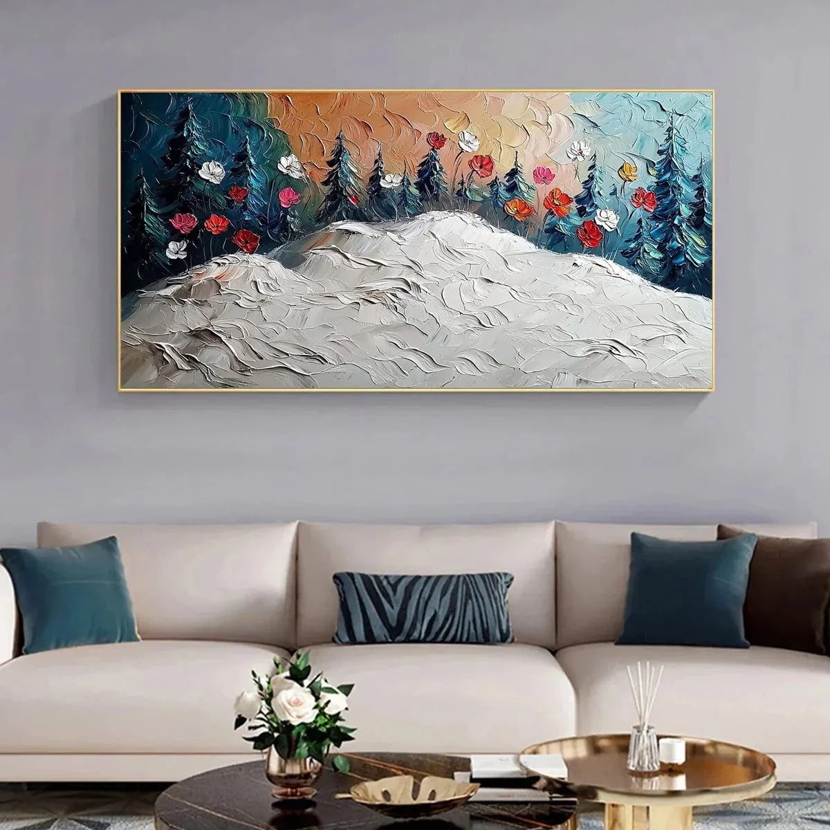 FROZEN BLOOM: Textured Impasto Landscape with Floral Accents | Landscape mood, soft natural light studio shot