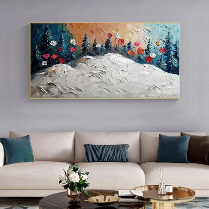 FROZEN BLOOM: Textured Impasto Landscape with Floral Accents | Landscape mood, soft natural light studio shot