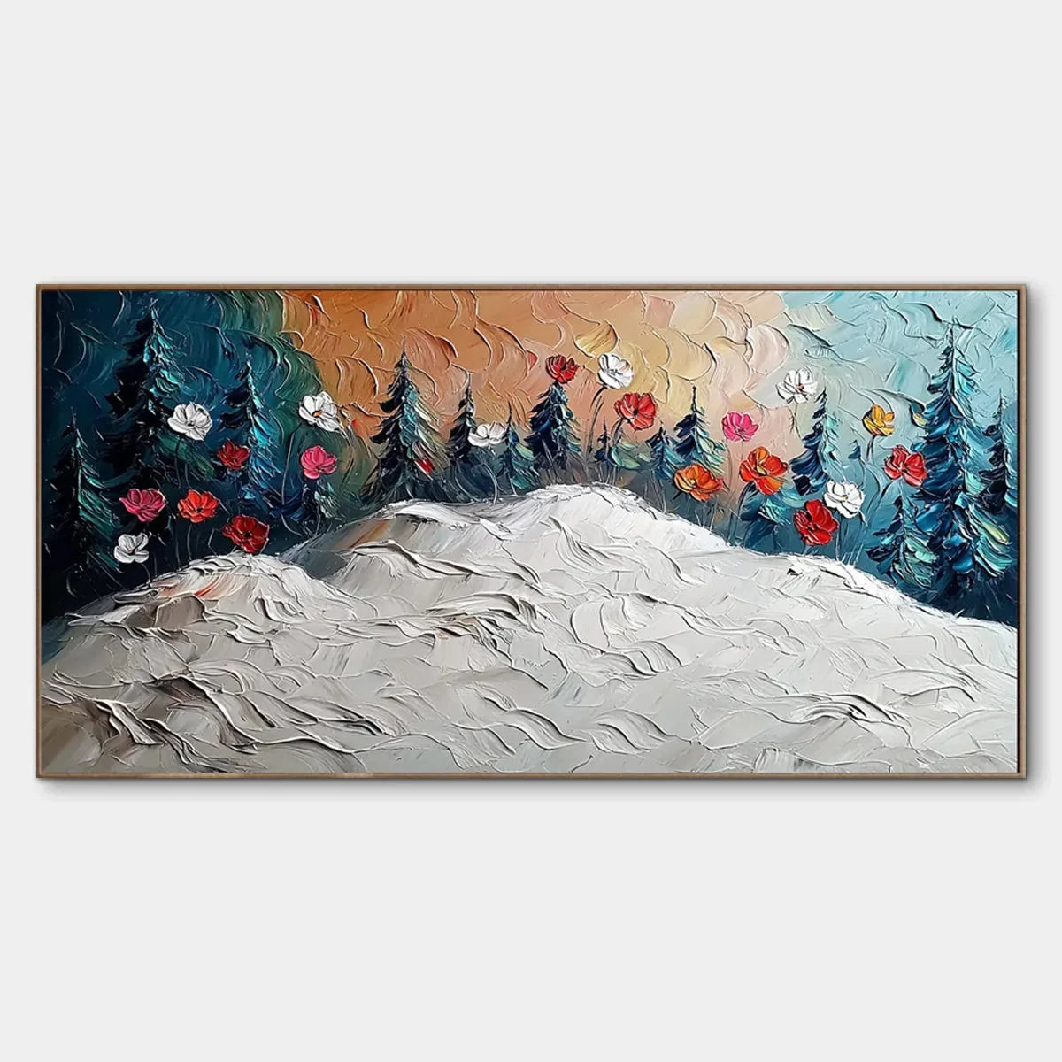 FROZEN BLOOM: Textured Impasto Landscape with Floral Accents | hanging in living room, Landscape wall art