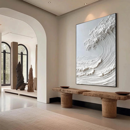 FROZEN MOMENTUM: Textured Impasto Seascape Oil Painting | gold frame stretched on neutral wall