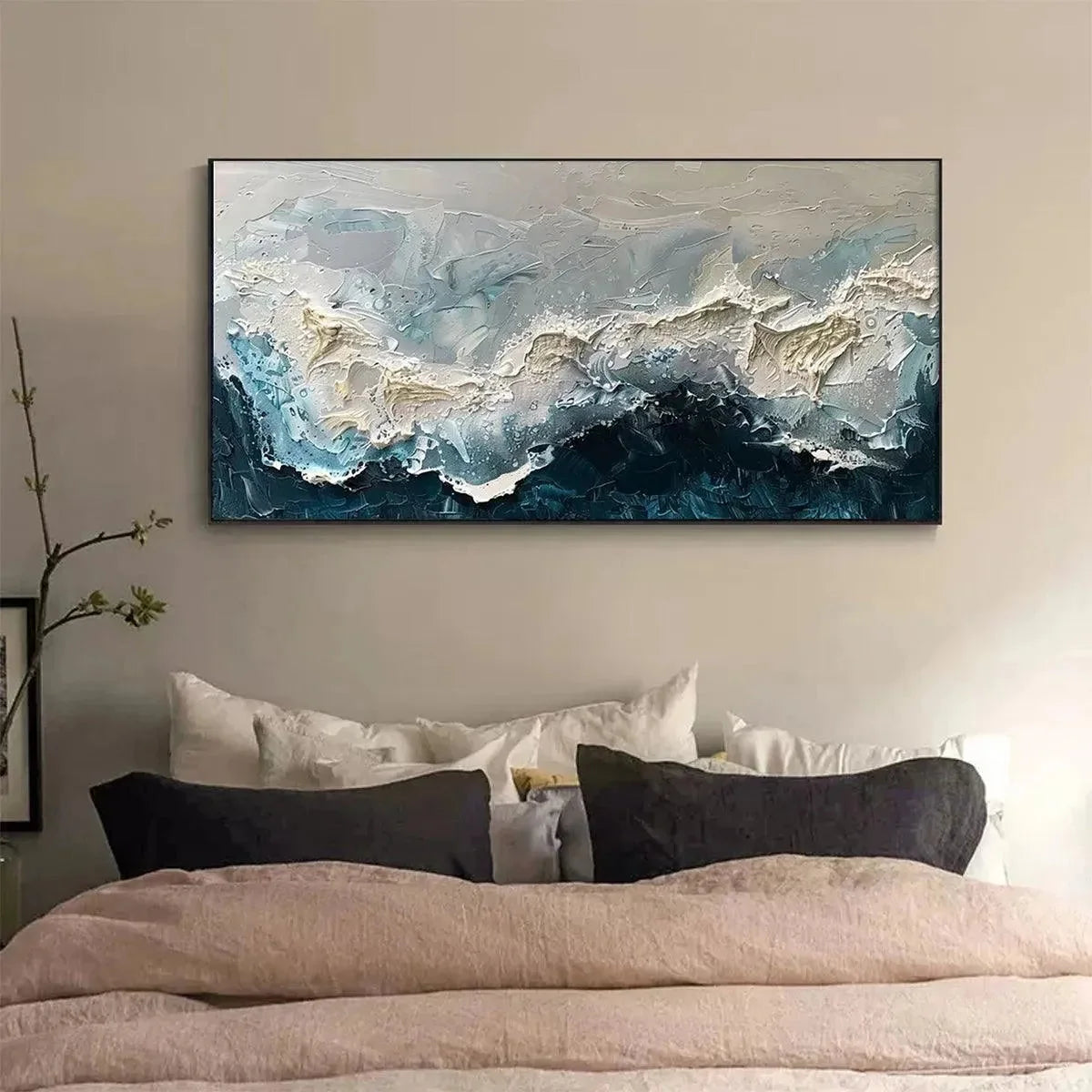 FROZEN MOTION: Textured Abstract Waterscape Painting in Teal and White | Abstract closeup, raised brushwork detail
