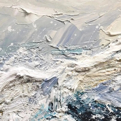 FROZEN MOTION: Textured Abstract Waterscape Painting in Teal and White | rectangular format, hand-painted canvas edge