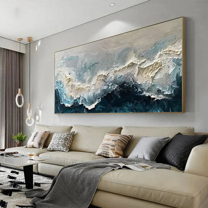 FROZEN MOTION: Textured Abstract Waterscape Painting in Teal and White | gold frame stretched on neutral wall