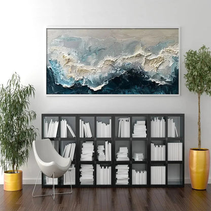 FROZEN MOTION: Textured Abstract Waterscape Painting in Teal and White | black frame version on white wall