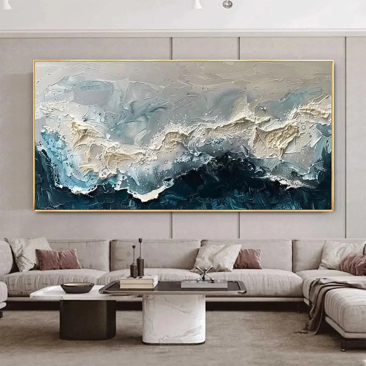 FROZEN MOTION: Textured Abstract Waterscape Painting in Teal and White | blue palette, original oil on stretched canvas art