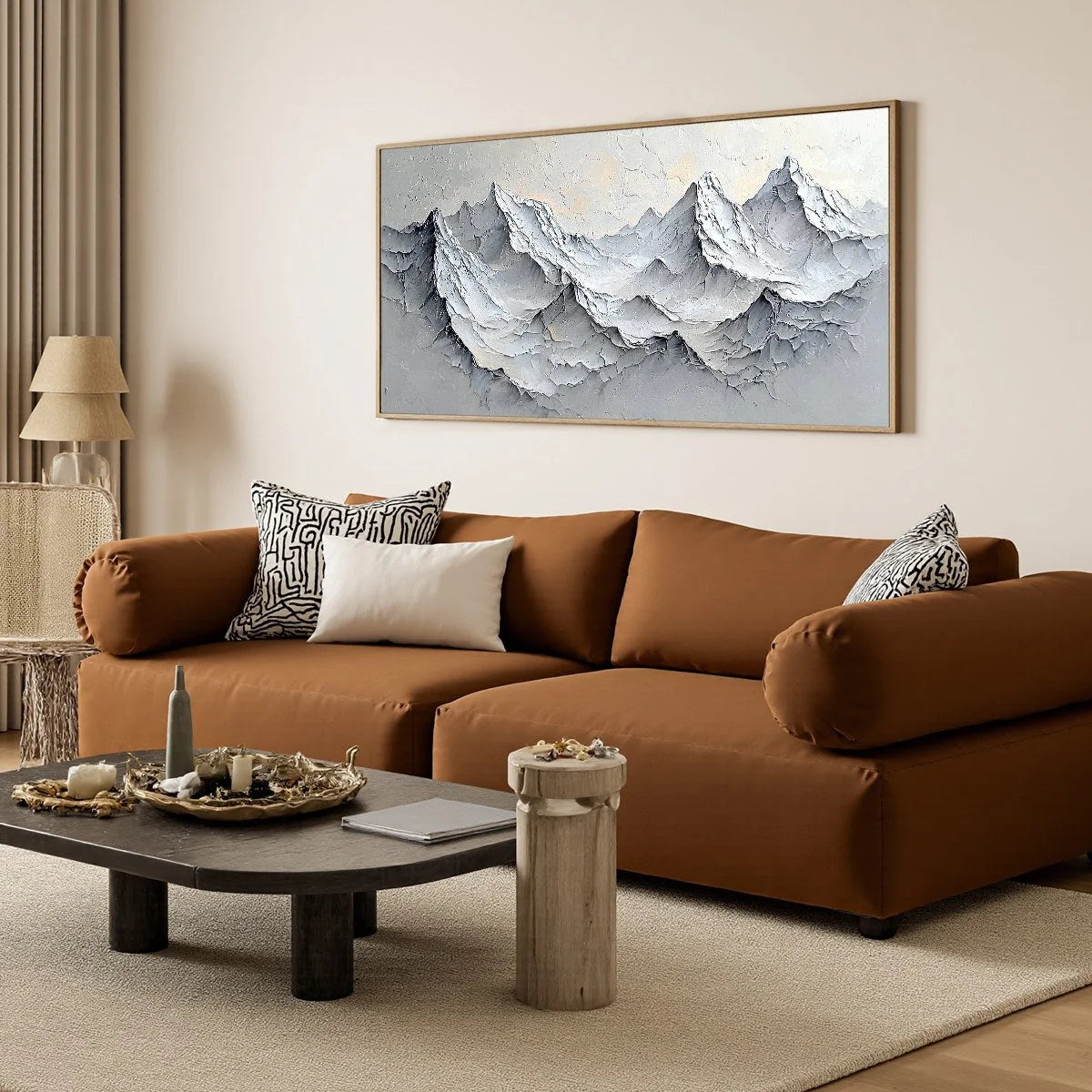 FROZEN PEAKS: Textured Impasto Mountain Landscape Oil Painting | gold frame stretched on neutral wall
