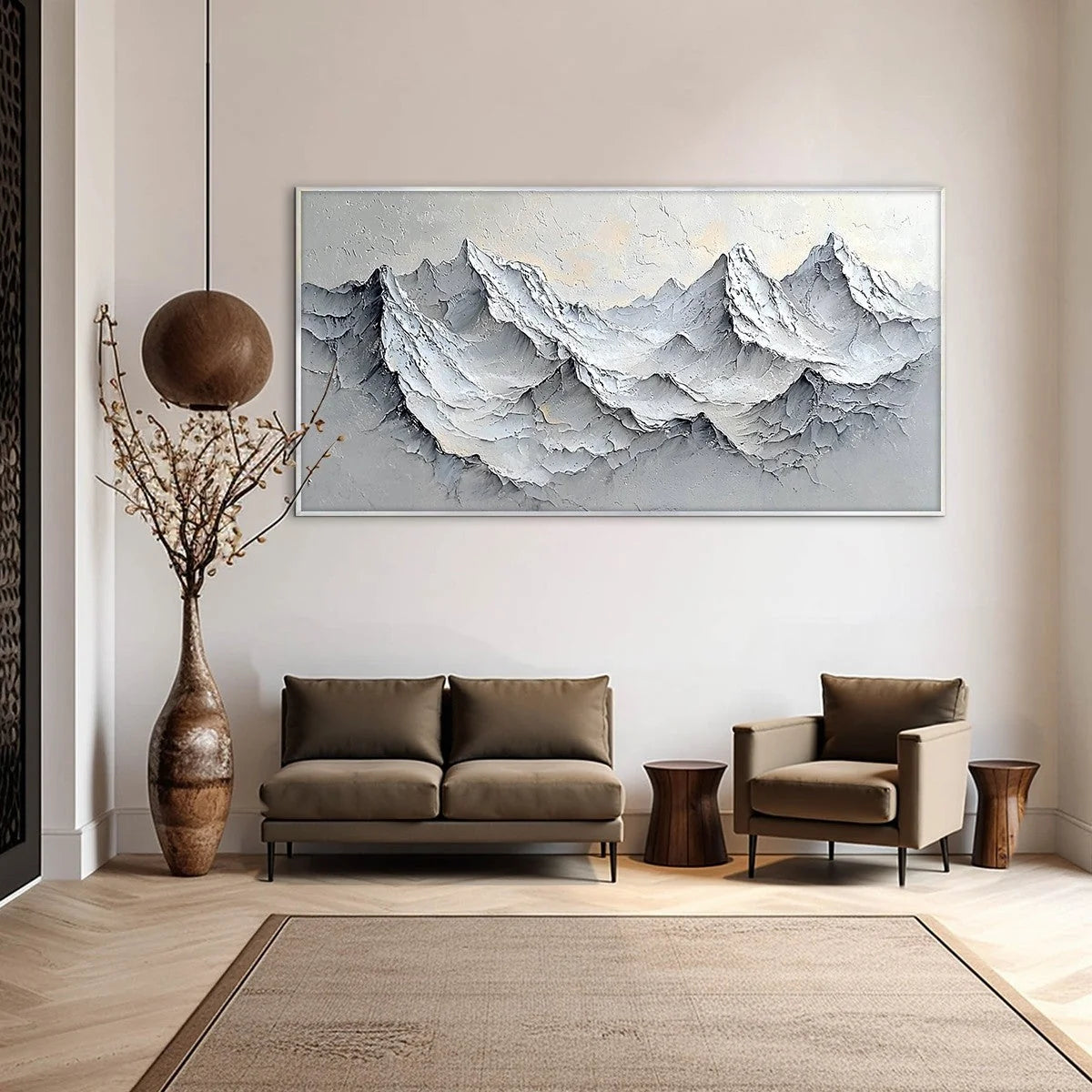 FROZEN PEAKS: Textured Impasto Mountain Landscape Oil Painting | black frame version on white wall