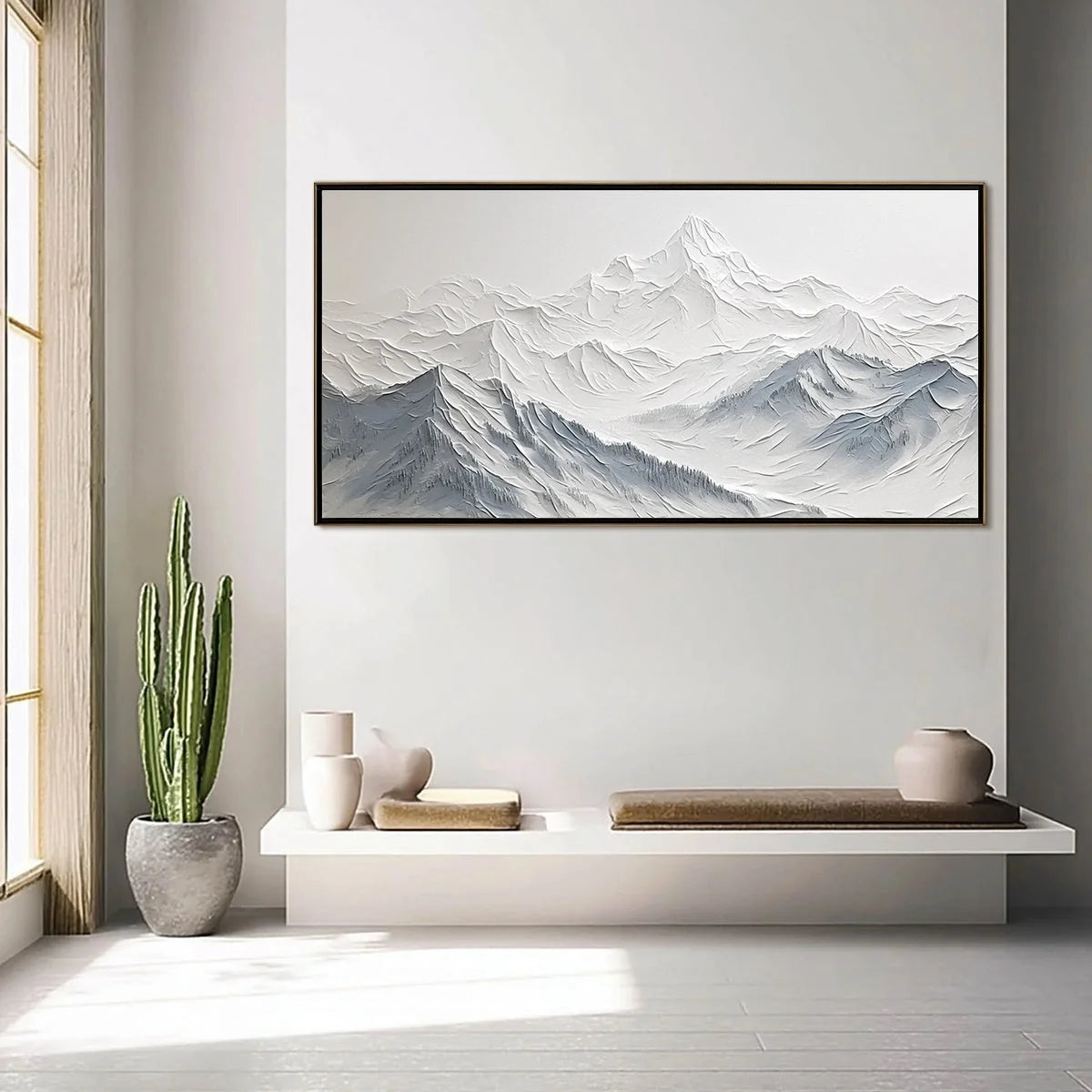 FROZEN PEAKS: Textured Minimalist Mountain Landscape | Landscape closeup, raised brushwork detail