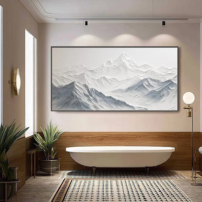FROZEN PEAKS: Textured Minimalist Mountain Landscape | gold frame stretched on neutral wall
