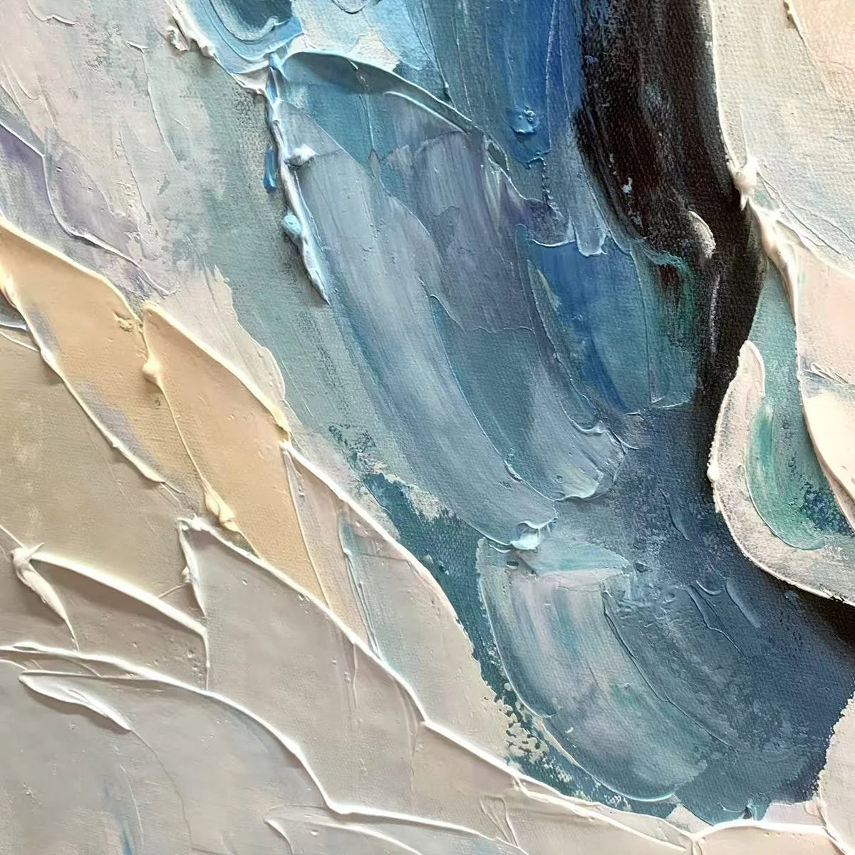 FROZEN TIDE: Textured Abstract Blue and White Oil Painting | rectangular format, hand-painted canvas edge