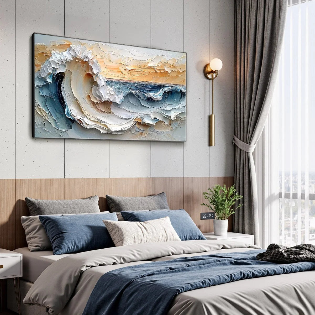 FROZEN TIDE: Textured Abstract Blue and White Oil Painting | gold frame stretched on neutral wall