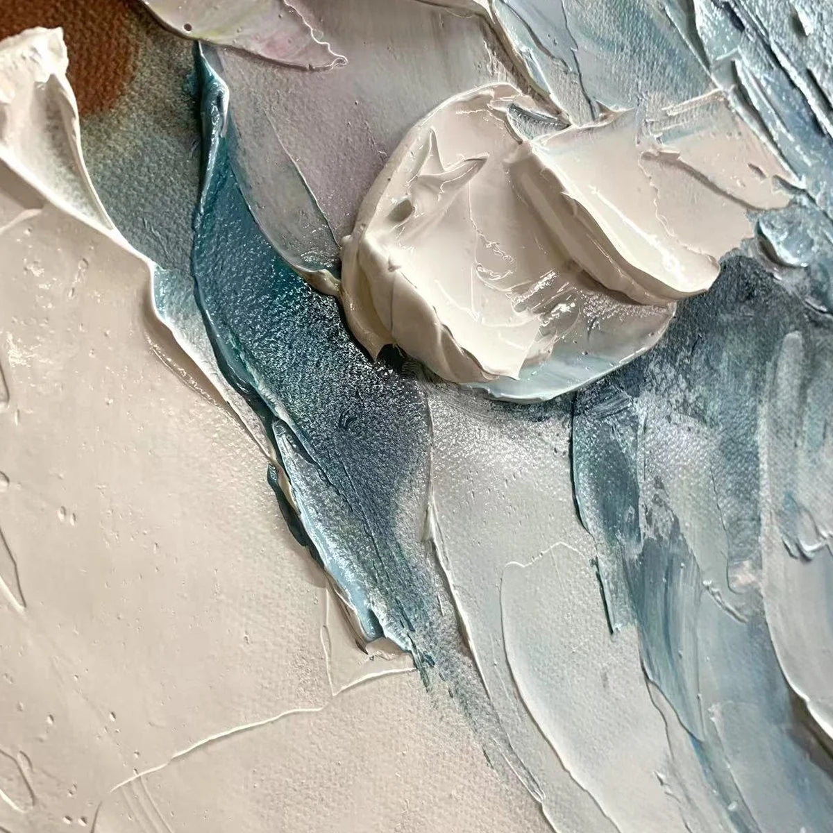 FROZEN TIDE: Textured Abstract Blue and White Oil Painting | black frame version on white wall