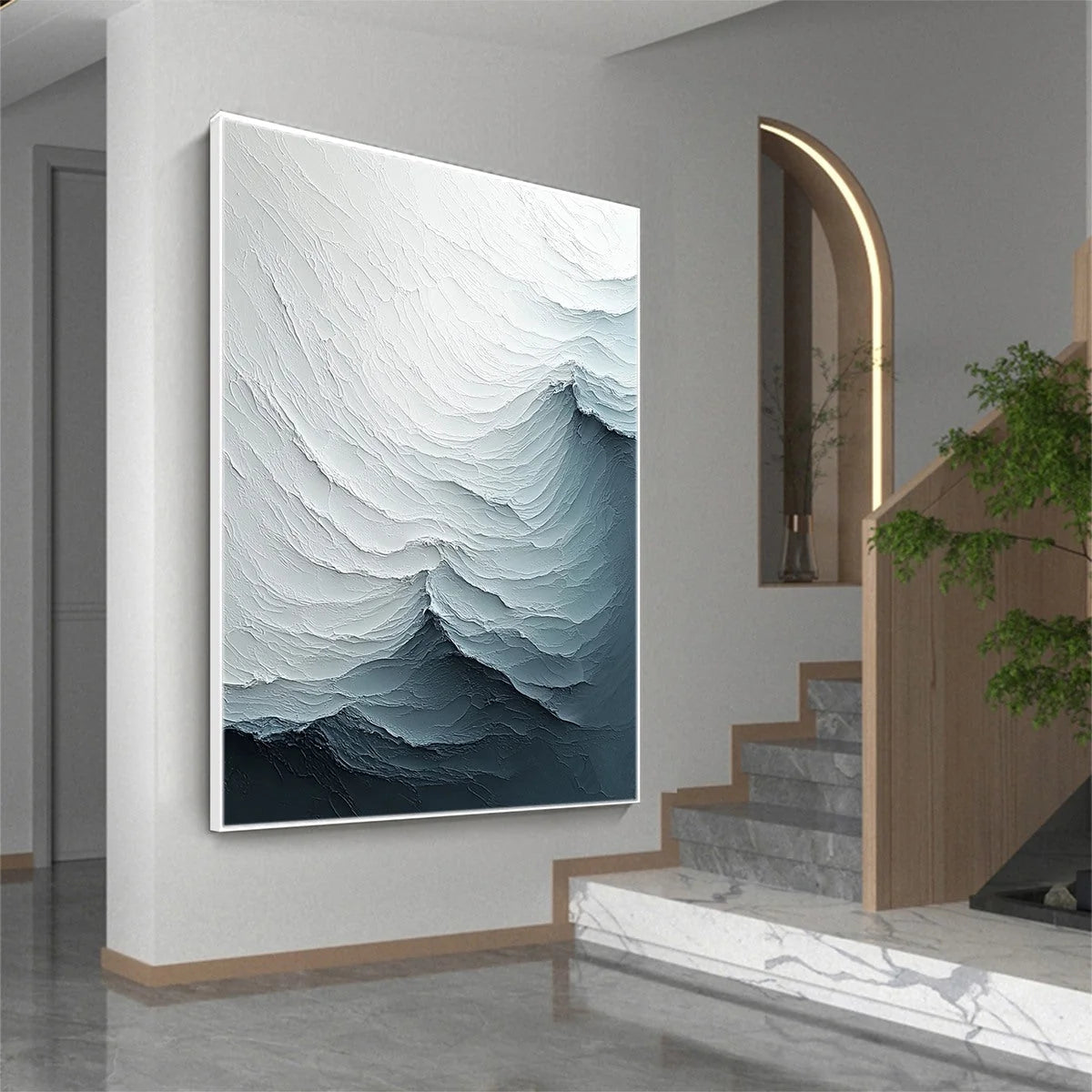 FROZEN TIDE: Textured Monochromatic Oil Painting | rectangular format, hand-painted canvas edge