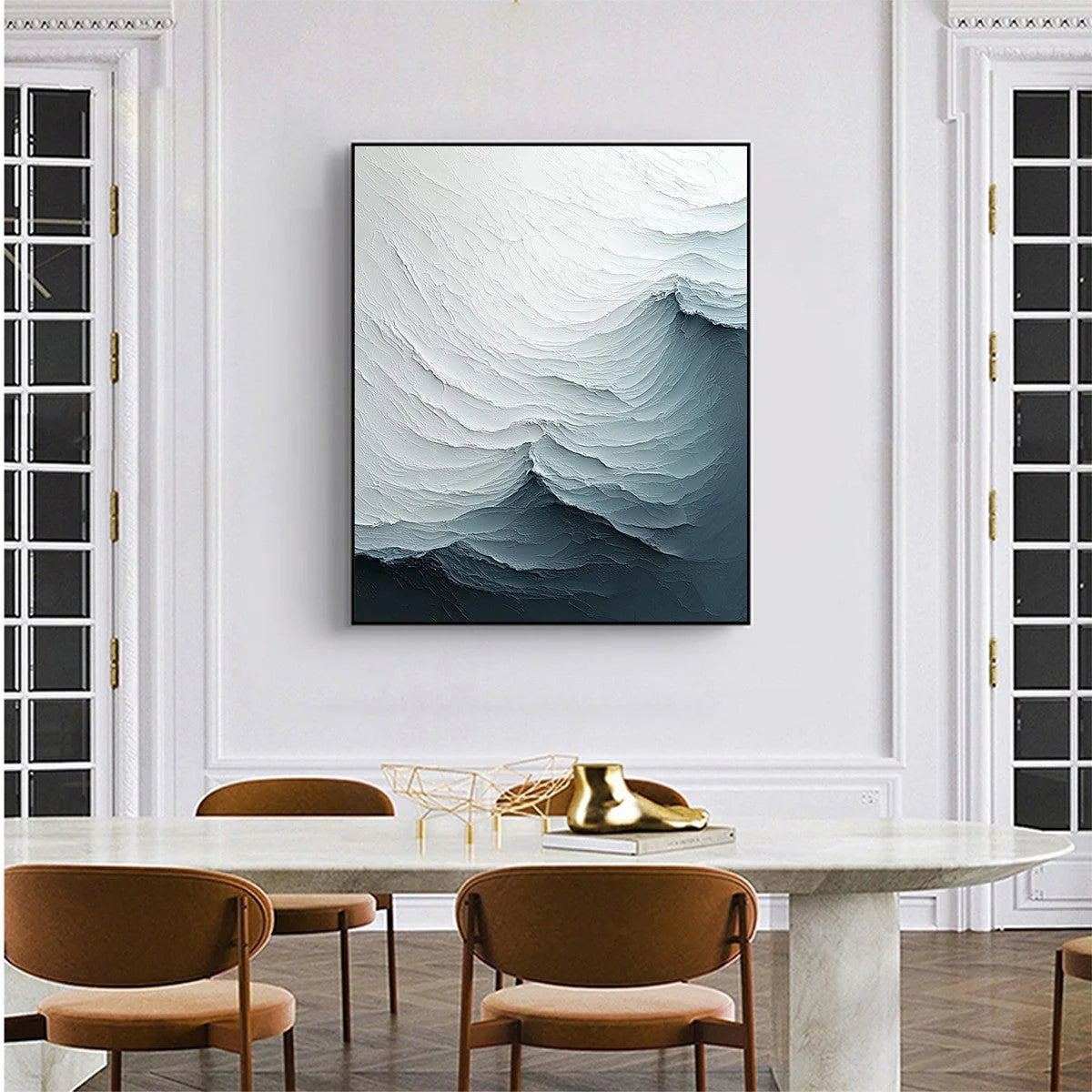 FROZEN TIDE: Textured Monochromatic Oil Painting | gold frame stretched on neutral wall