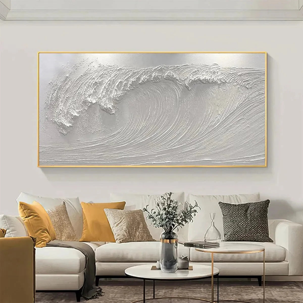 FROZEN TIDE: Textured White Wave Painting | Abstract closeup, raised brushwork detail