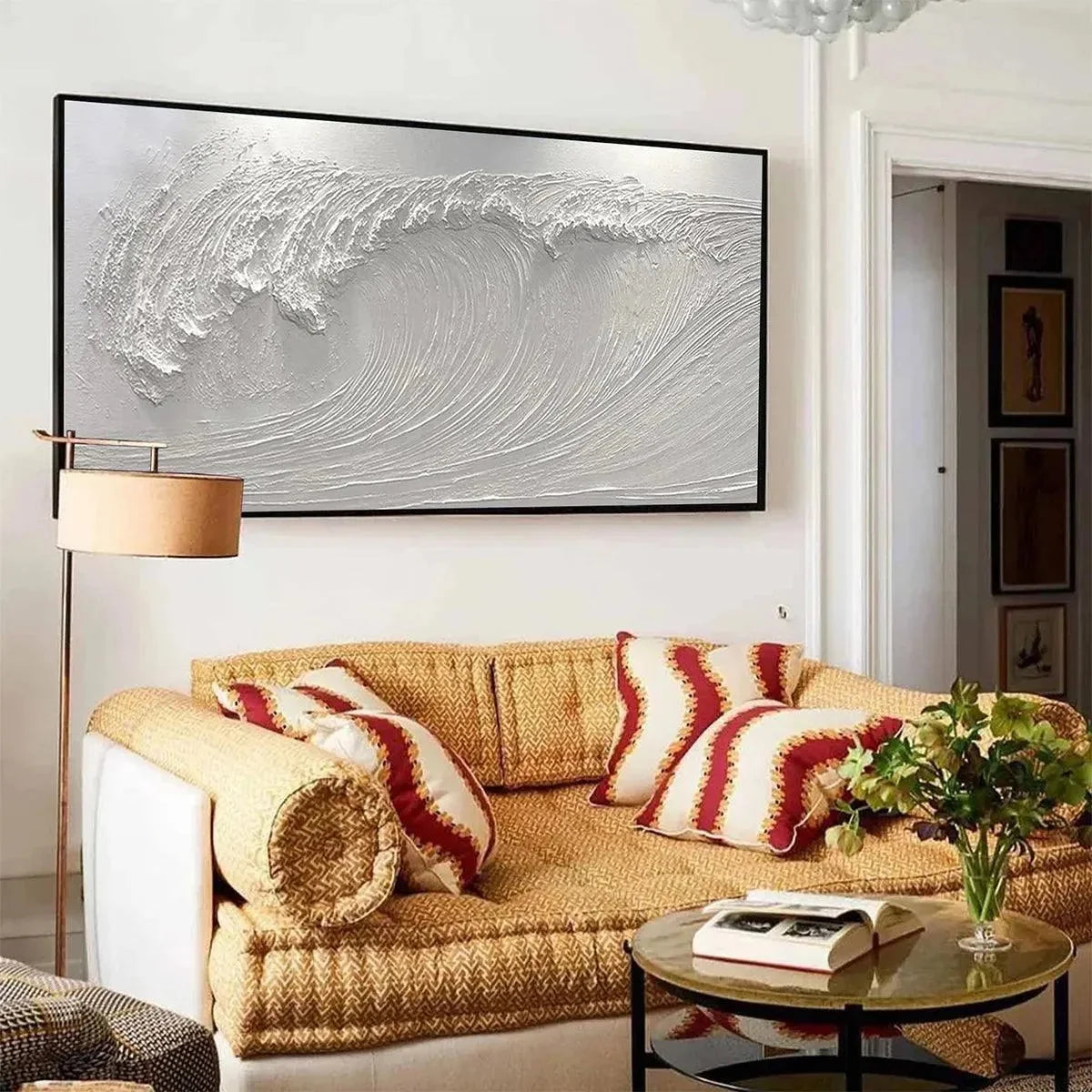FROZEN TIDE: Textured White Wave Painting | gold frame stretched on neutral wall