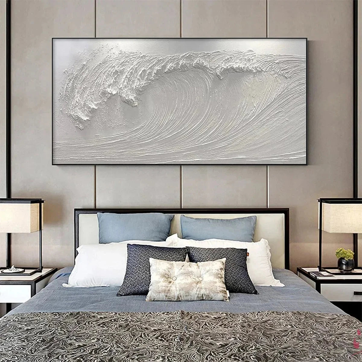 FROZEN TIDE: Textured White Wave Painting | black frame version on white wall