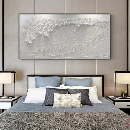 FROZEN TIDE: Textured White Wave Painting | black frame version on white wall