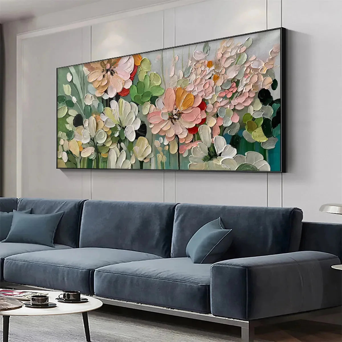GARDEN DELIGHT: Textured Floral Painting, Impasto Palette Knife, Horizontal Canvas, Garden Wall Art | gold frame stretched on neutral wall