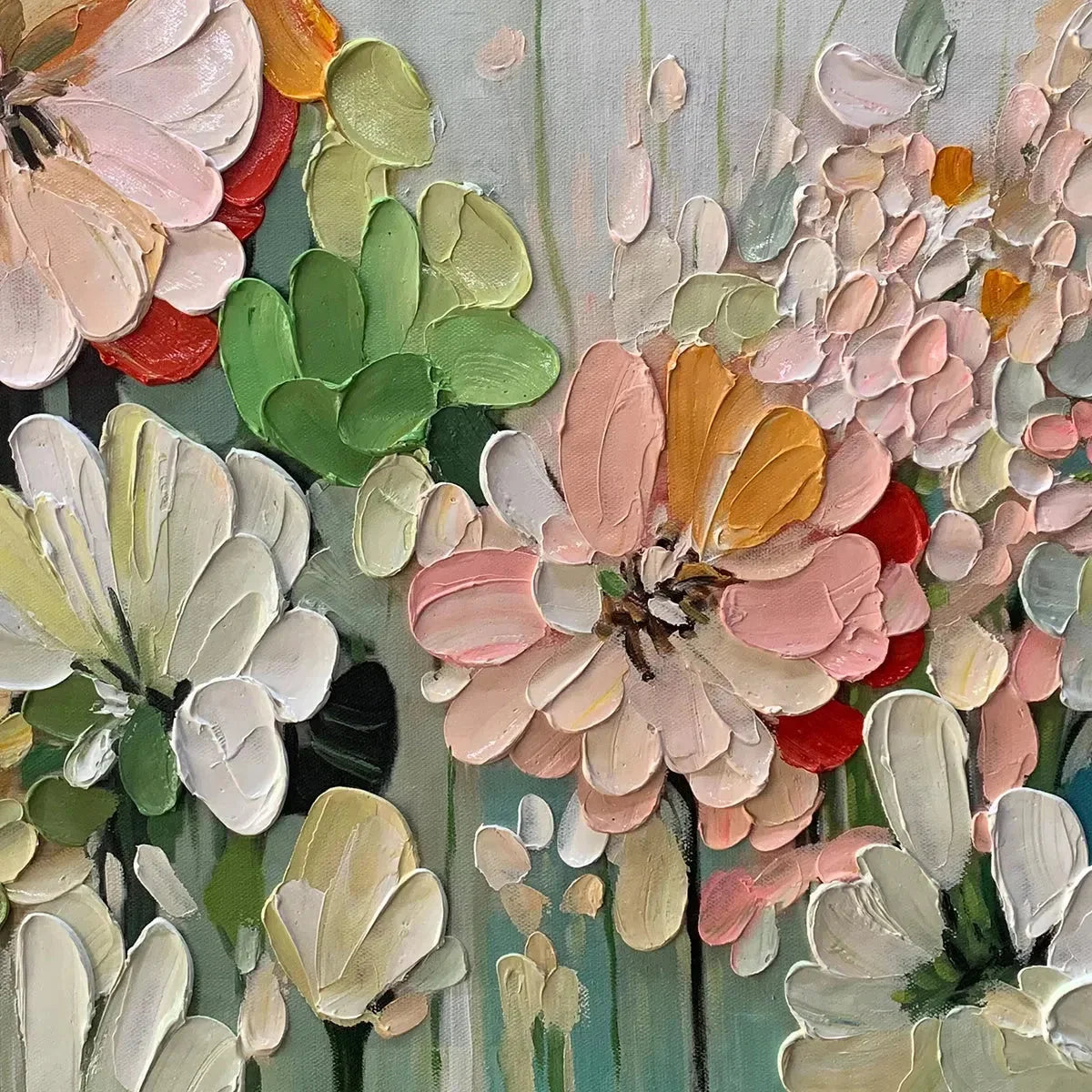 GARDEN DELIGHT: Textured Floral Painting, Impasto Palette Knife, Horizontal Canvas, Garden Wall Art | rolled canvas, ready for custom framing