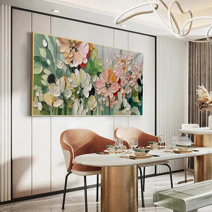 GARDEN DELIGHT: Textured Floral Painting, Impasto Palette Knife, Horizontal Canvas, Garden Wall Art | black frame version on white wall