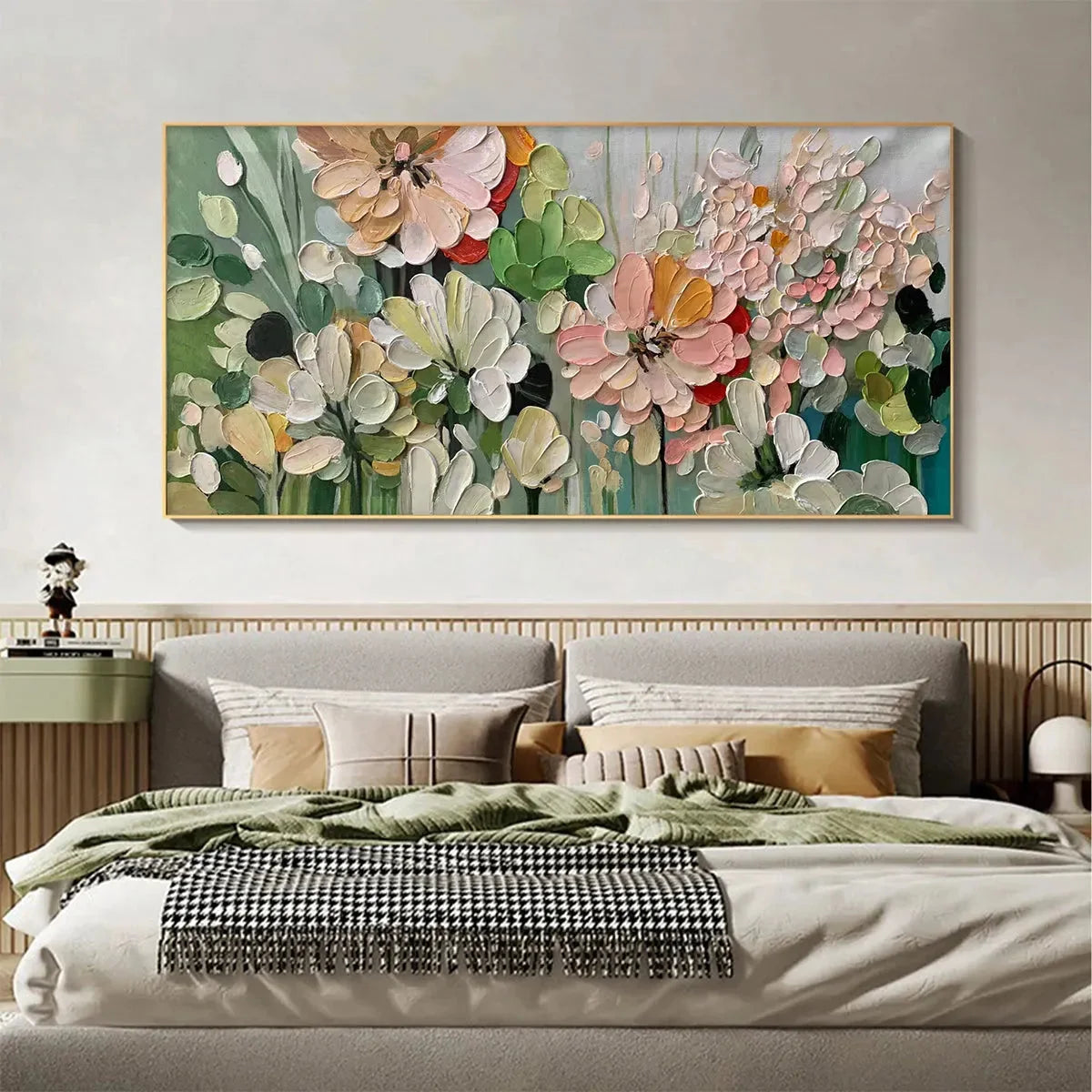 GARDEN DELIGHT: Textured Floral Painting, Impasto Palette Knife, Horizontal Canvas, Garden Wall Art | Abstract mood, soft natural light studio shot