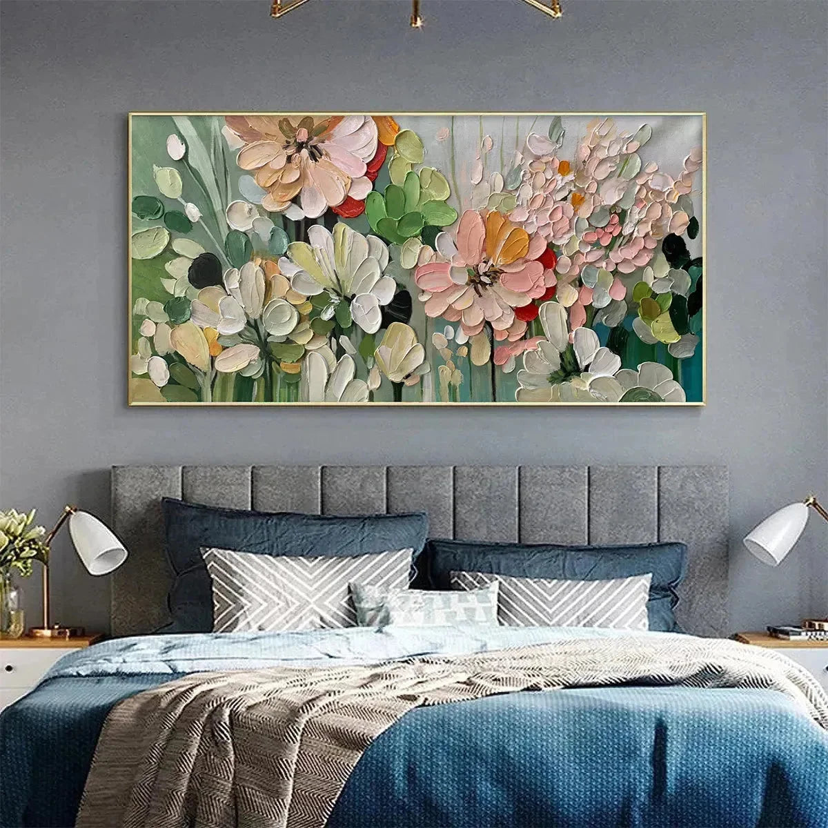 GARDEN DELIGHT: Textured Floral Painting, Impasto Palette Knife, Horizontal Canvas, Garden Wall Art | multi-color palette, original oil on stretched canvas art