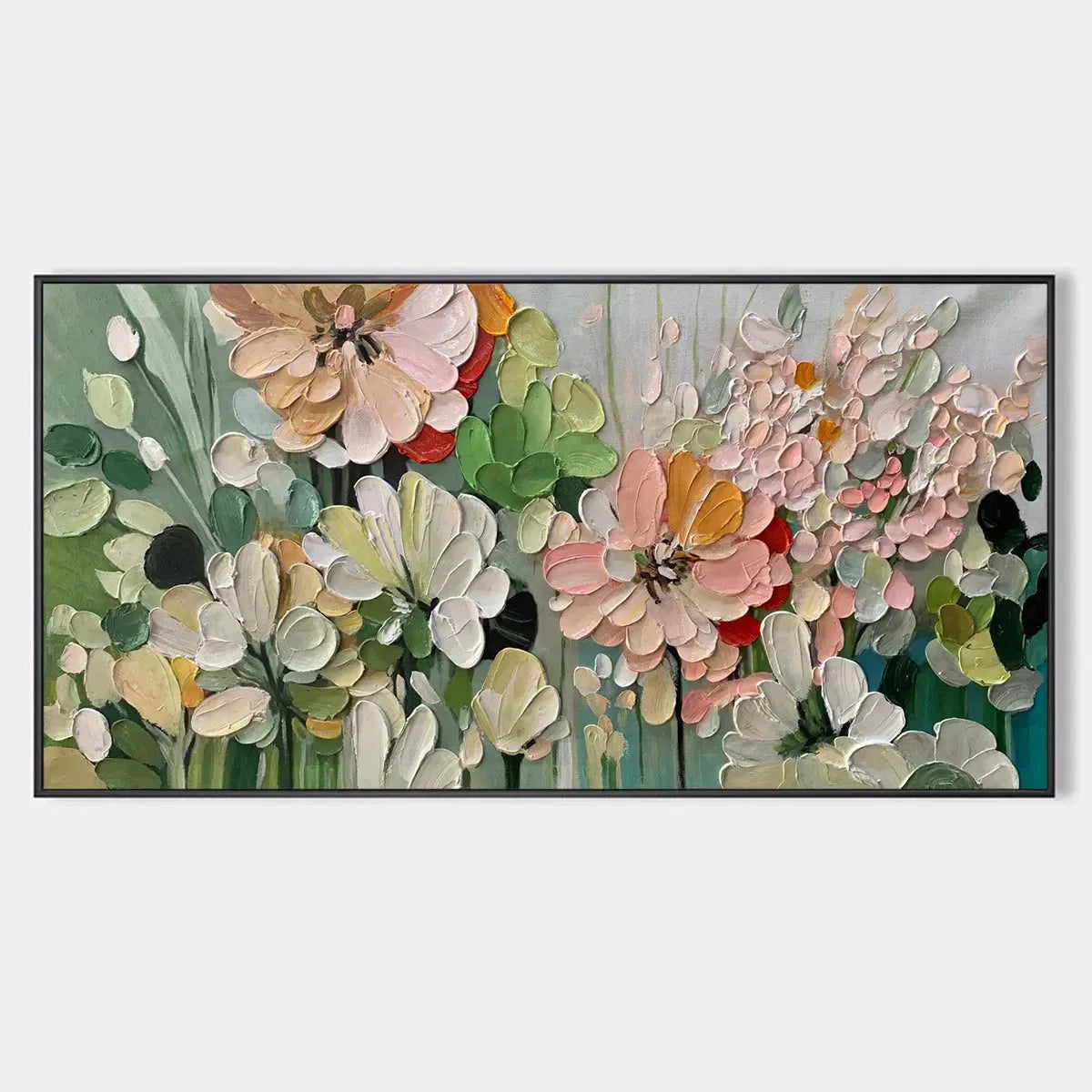 GARDEN DELIGHT: Textured Floral Painting, Impasto Palette Knife, Horizontal Canvas, Garden Wall Art | hanging in living room, Abstract wall art