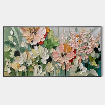 GARDEN DELIGHT: Textured Floral Painting, Impasto Palette Knife, Horizontal Canvas, Garden Wall Art | hanging in living room, Abstract wall art