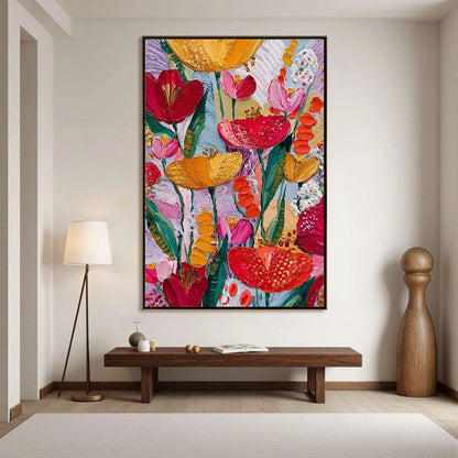 GARDEN MELODY: Textured Impasto Floral Oil Painting | gold frame stretched on neutral wall