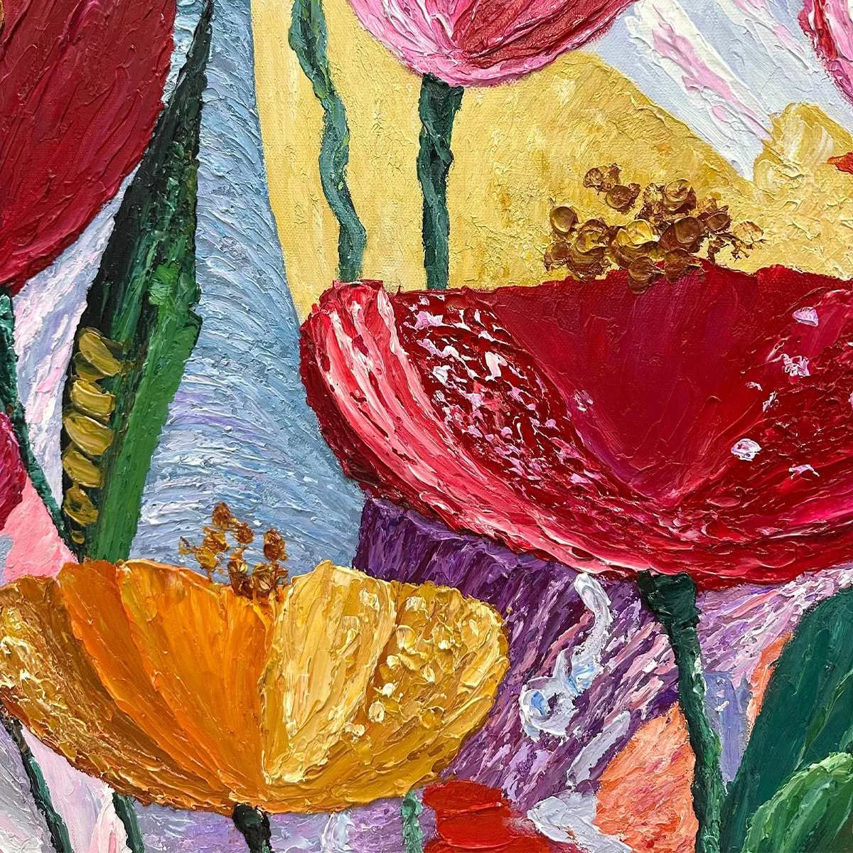 GARDEN MELODY: Textured Impasto Floral Oil Painting | black frame version on white wall